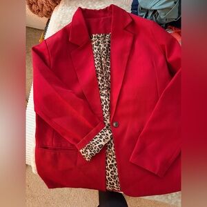 Women's Red Blazer with Leopard Print Lining